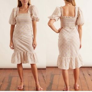 Ganni Searsucker Multi Color Smocked  Dress Check Plaid Size 44 US 12